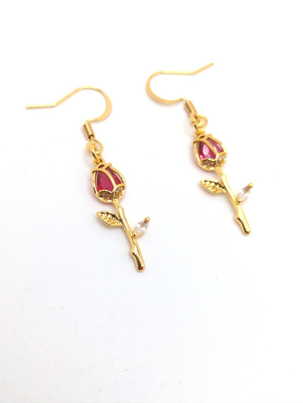 Crystal Rose On Stem, Drop Earrings